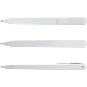 A white Moleskine Go Pen displayed in three orientations, featuring a clip and sleek design.
