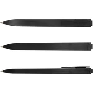 A set of black Moleskine Go pens displayed from different angles, featuring a sleek design and a branding logo.