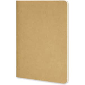 A tan Moleskine Cahier journal with a flexible cover and rounded corners, featuring a logo on the front.