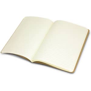A Moleskine Cahier Journal with blank, lined pages and a soft cover, featuring a logo on the back.