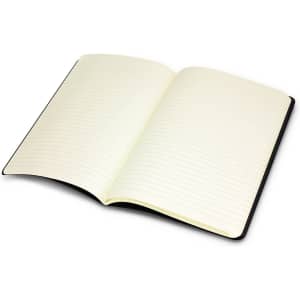 A Moleskine Cahier Journal with a black cover and cream-lined pages, open and empty. It features a simple design and a logo.