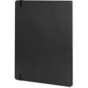 An extra large black soft cover notebook with elastic closure and rounded corners, featuring a logo.