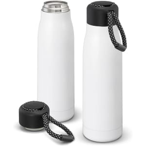 A drink bottle with a sleek white body, black lid, and a textured black handle, featuring a logo.