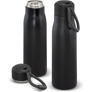 A drink bottle in matte black, featuring a stainless steel top and a removable cap with a black and white strap.