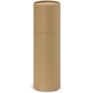 A drink bottle in a cylindrical, eco-friendly brown cardboard packaging with a simple design and no visible branding.
