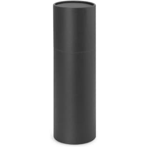 A drink bottle in a sleek, matte black design, featuring a simple cylindrical shape and a smooth surface.