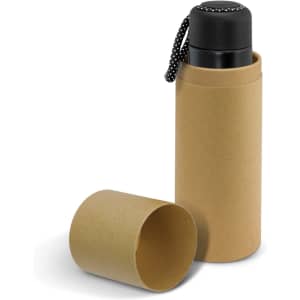 A drink bottle in black with a textured exterior, displayed inside a cylindrical brown packaging.