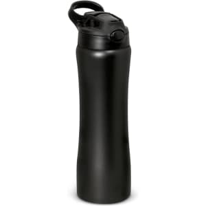 A drink bottle in matte black with a flip-top lid and carry handle, featuring a logo on the body.