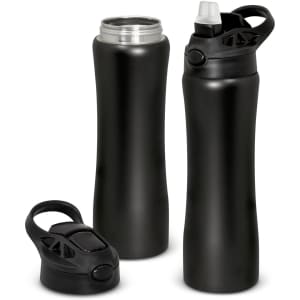 A drink bottle in matte black, featuring a twist-off lid and a sports cap with a straw. Includes an additional lid.