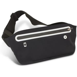 A black running belt with a reflective zipper, featuring an adjustable strap and a logo.