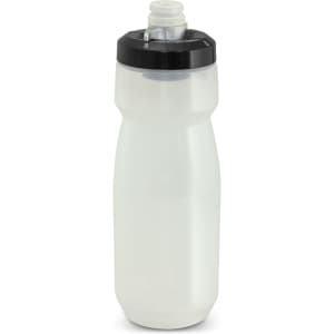 A drink bottle with a translucent white body and black lid, featuring a sports spout and a logo.