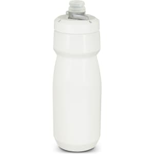 A drink bottle in white, featuring a screw-on lid and a spout, with a logo on the side.