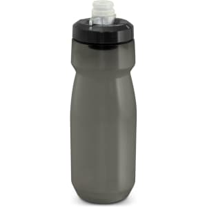A drink bottle in a dark green colour with a black lid and a spout, featuring a logo on the body.