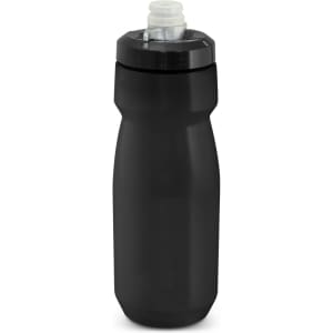 A drink bottle in matte black with a secure lid and a spout, featuring a logo on the design.