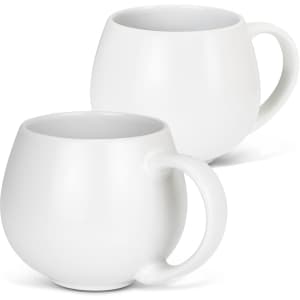 A coffee mug in a rounded design, featuring a glossy white finish and an ergonomic handle. It includes a logo.