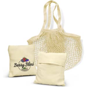 A cream cotton mesh tote bag with two small folded bags, featuring a logo on one folded bag.