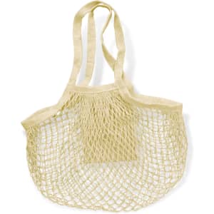 A light yellow cotton mesh tote bag features two shoulder straps and a spacious, open design. It has a logo.