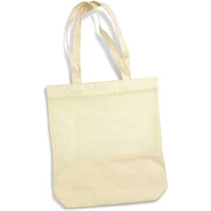 A light cream tote bag with a mesh panel and two shoulder straps. The bag has a simple design and a branding logo.