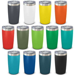 A drink bottle collection with various colours including grey, white, yellow, orange, red, green, blue, and black, featuring a metal lid.