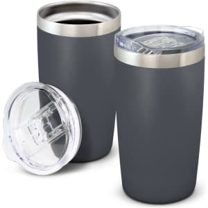 A drink bottle set featuring two dark grey vacuum cups with stainless steel rims and clear lids.