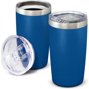 A drink bottle set featuring two blue vacuum cups with stainless steel accents and clear lids.