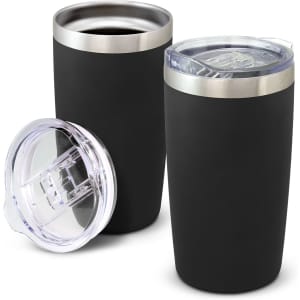A drink bottle set in matte black with stainless steel detailing and clear lids. Includes two vacuum cups with a lid.