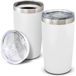 A drink bottle set featuring two white vacuum cups with stainless steel accents and clear lids.