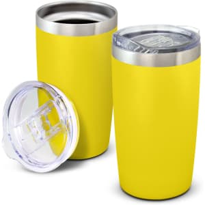 A drink bottle in vibrant yellow with a stainless steel rim and a clear lid, featuring a removable top.