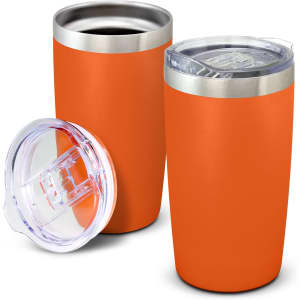 An orange vacuum cup with a stainless steel rim and a clear lid, alongside another lid.