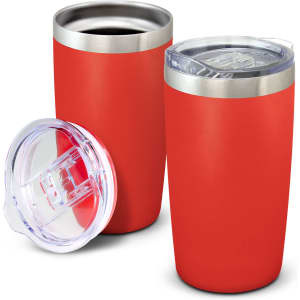 A drink bottle set featuring two red vacuum cups with stainless steel accents and clear lids.