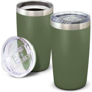 A drink bottle set featuring two olive green vacuum cups with clear lids and stainless steel rims.