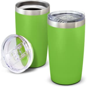 A drink bottle set featuring two bright green vacuum cups with stainless steel accents and transparent lids.