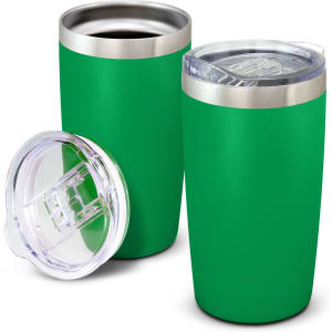 A drink bottle set featuring two green vacuum cups with stainless steel accents and clear lids.