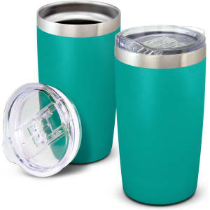 A drink bottle in teal with a stainless steel rim, accompanied by a clear lid. It has a smooth matte finish and a branded logo.