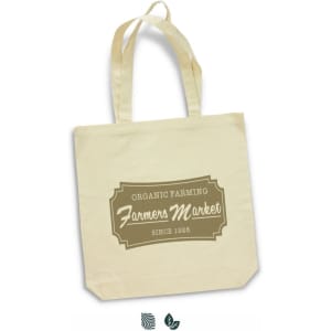 A beige cotton tote bag with short handles and a logo, featuring the text “Organic Farming Farmers Market Since 1926”.