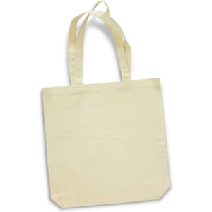 A neutral-toned cotton tote bag with two handles and a simple design, featuring a logo.
