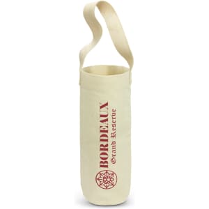 A cotton wine tote bag in cream with a logo, featuring a long shoulder strap for easy carrying.