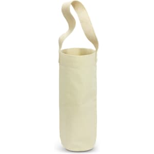 A cotton wine tote bag in a natural cream colour with a sturdy handle and a simple design. It has a logo.