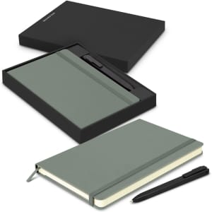 A green Moleskine notebook and black pen, presented in a sleek black gift box.
