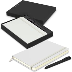 A white Moleskine notebook and black pen in a black gift box, featuring a sleek design.