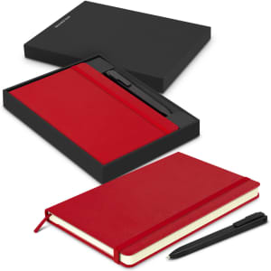 A red Moleskine notebook and pen set presented in a black gift box. Features a sleek design and includes a logo.
