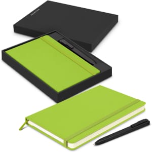 A green Moleskine notebook and black pen in a sleek black gift box. Includes a logo on the notebook.