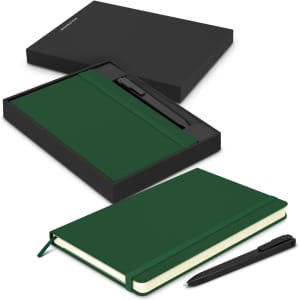 A green Moleskine notebook and black pen displayed within a black gift box. The set includes an elastic band and ribbon bookmark.