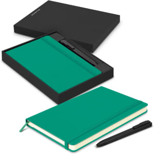 A green Moleskine notebook and black pen in a black gift box. The notebook has a ribbon bookmark and an elastic closure.
