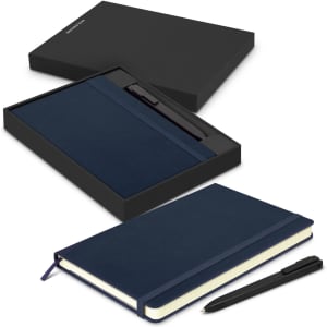 A navy Moleskine notebook and pen set in a black gift box, featuring a simple design and clean lines.