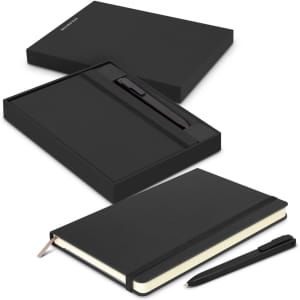 A black Moleskine notebook and pen set, presented in a matching black gift box.