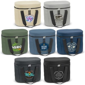 A series of cooler bags in various colours, featuring different designs and logos, with dual handles for carrying.