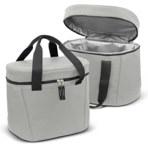 A grey cooler bag with a zippered closure, featuring a front pocket and adjustable handles. The interior is insulated.
