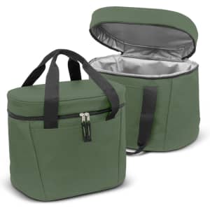 A green insulated cooler bag with a zippered top and black straps, featuring a front pocket and a silver interior.