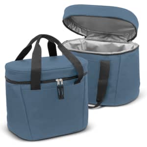 A blue cooler bag with a zippered pocket, featuring a grey insulated interior and two carrying handles.